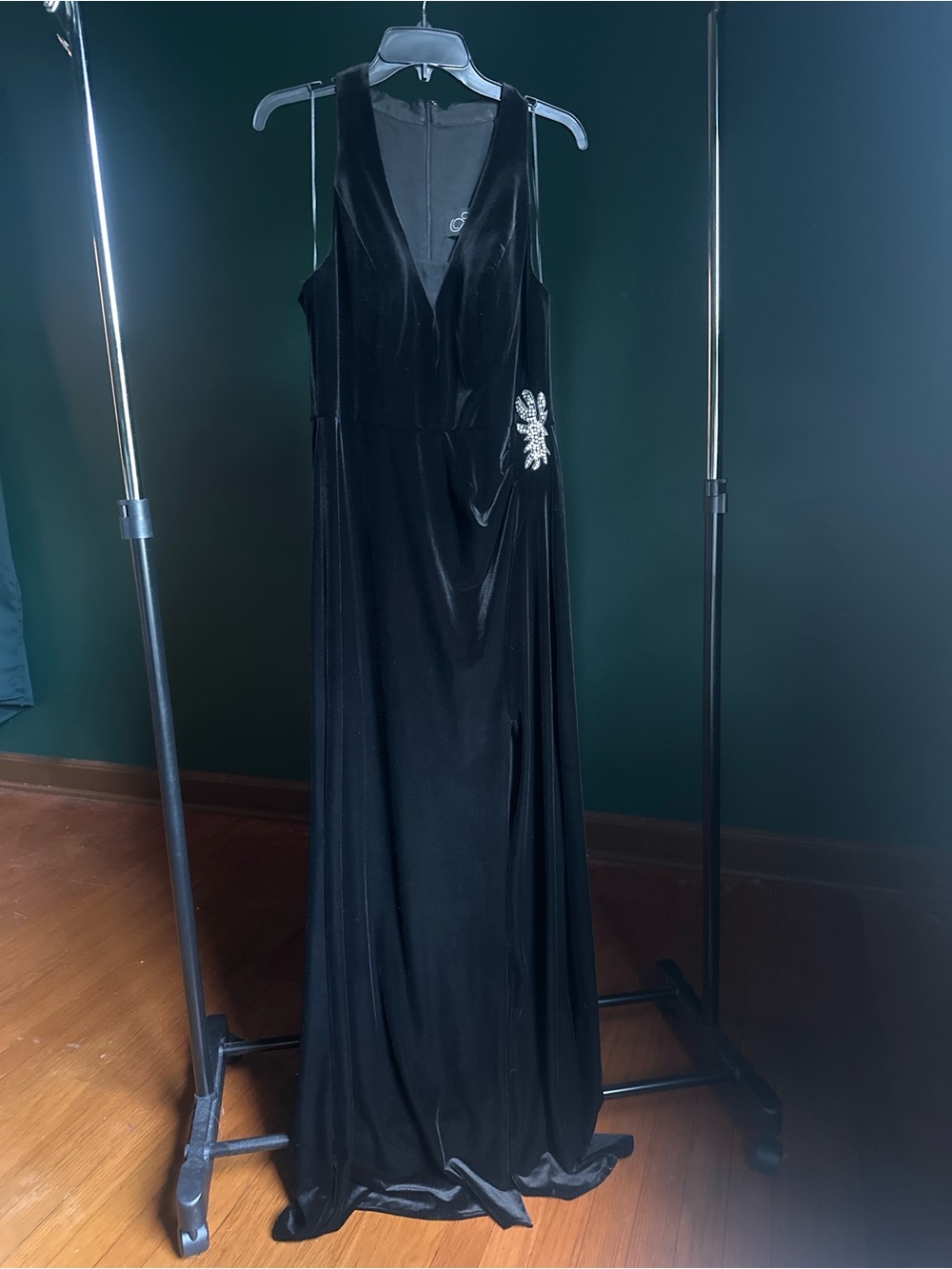 Alex Evenings Black Velvet V-Neck Maxi with Crystal Brooch